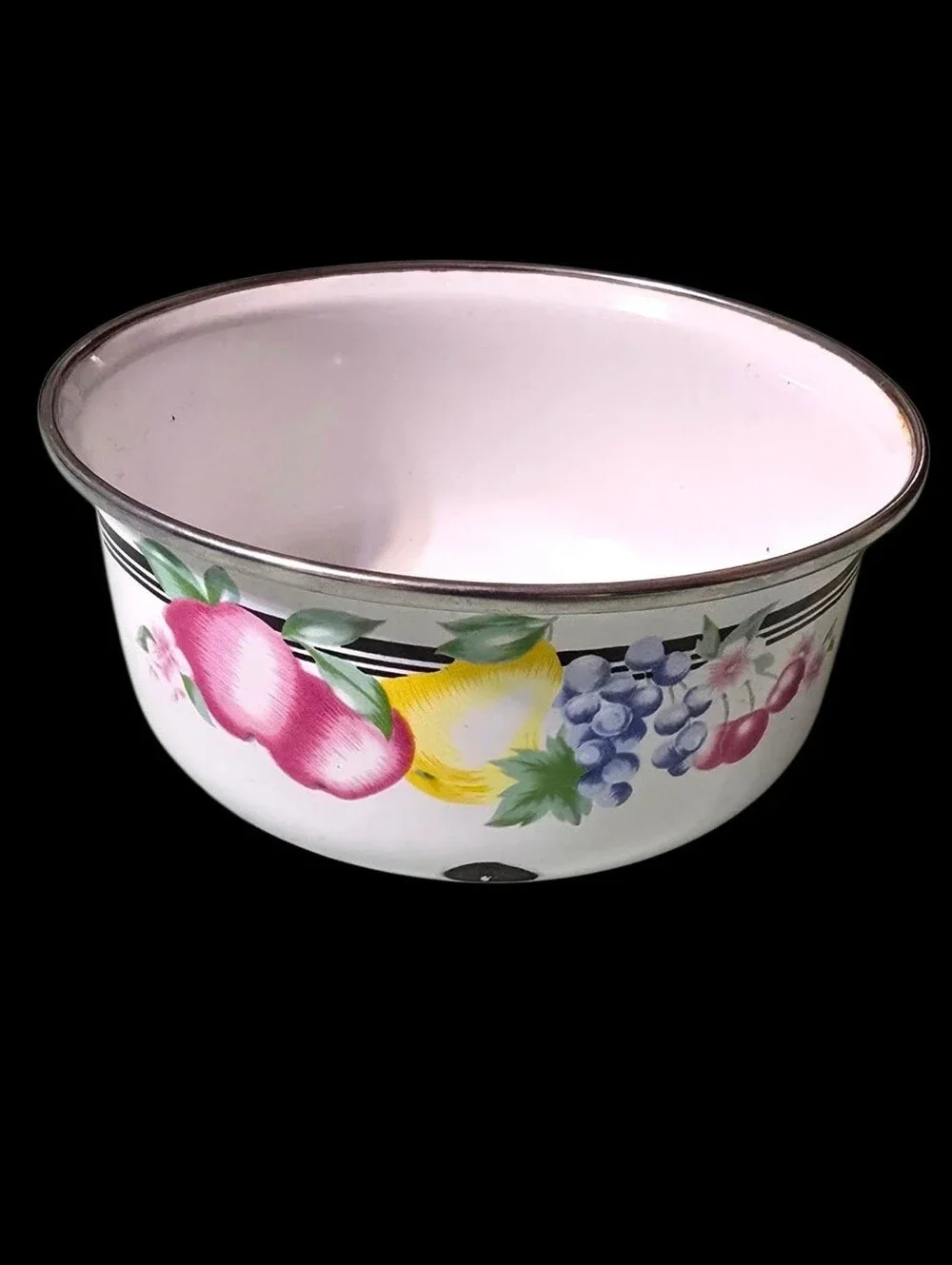 Vintage | Two White Enamel Vegetable Pattern Mixing Bowl
